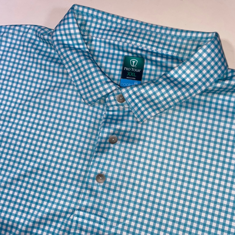 Pro Tour Coolplay Mens XXL Turquoise Gingham Check Golf Polo Shirt Short‎ Sleeve